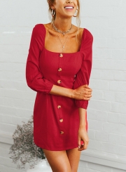 Red Casual Square Neck 3/4 Sleeve Solid Color Button Down Mini Dress