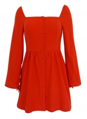 Red Casual Long Sleeve Square Neck Cuff Lace-Up Button Down Mini Dress