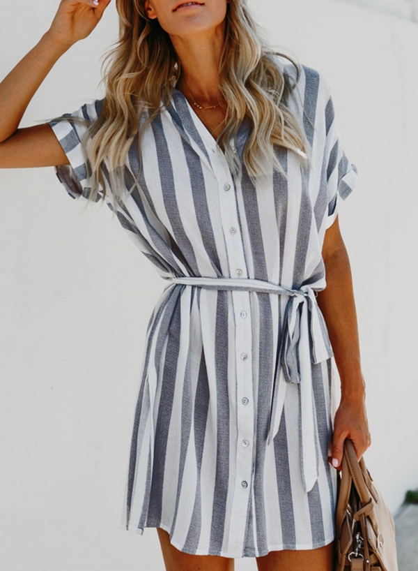 Navy Summer Striped Short Sleeve Turn-Down Collar Loose Button Down Dress