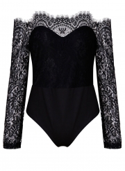 Black Fashion Sexy Slim  Lace Splicing Slash Neck Long Sleeve Bodysuit