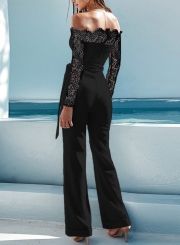 Black Fashion Sexy Slim  Lace Splicing Slash Neck Long Sleeve Bodysuit