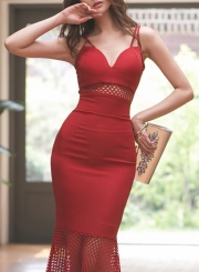 Red Spaghetti Strap Hollow Out Fishtail Dress