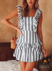 Green Striped Sleeveless Backless Mini Dress