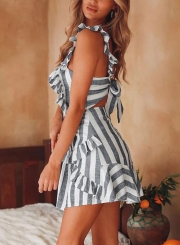 Green Striped Sleeveless Backless Mini Dress