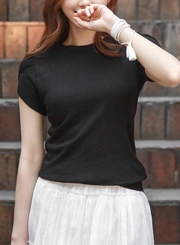 Black Chic Petal Sleeve Round Neck Slim Top