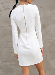 Casual Long Sleeve Front Lace-Up Back Zip White Dress