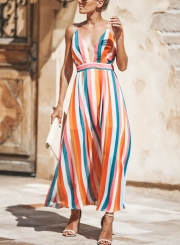Multi Summer Spaghetti Strap Deep V Neck Criss Cross Backless Maxi Dress