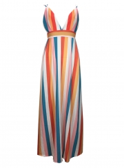 Multi Summer Spaghetti Strap Deep V Neck Criss Cross Backless Maxi Dress