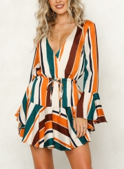 Multi Sexy Striped V Neck Flare Neck Ruffle Hem Mini Dress