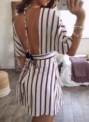 White Sexy Striped V Neck Backless Elastic Waist Mini Dress With Button