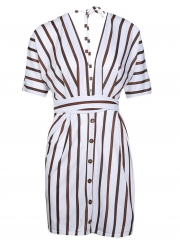 White Sexy Striped V Neck Backless Elastic Waist Mini Dress With Button