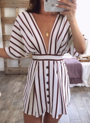 White Sexy Striped V Neck Backless Elastic Waist Mini Dress With Button