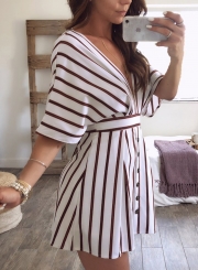 White Sexy Striped V Neck Backless Elastic Waist Mini Dress With Button