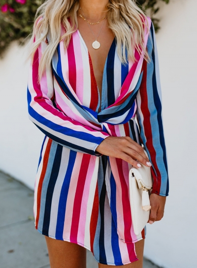 Multi Sexy Striped V Neck Long Sleeve Elastic Waist Slim Mini Dress