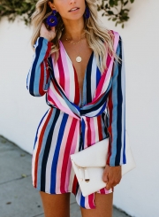 Multi Sexy Striped V Neck Long Sleeve Elastic Waist Slim Mini Dress