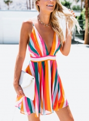 Multi Summer Striped Spaghetti Strap V Neck Backless Elastic Waist MIni Dress