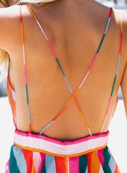 Multi Summer Striped Spaghetti Strap V Neck Backless Elastic Waist MIni Dress