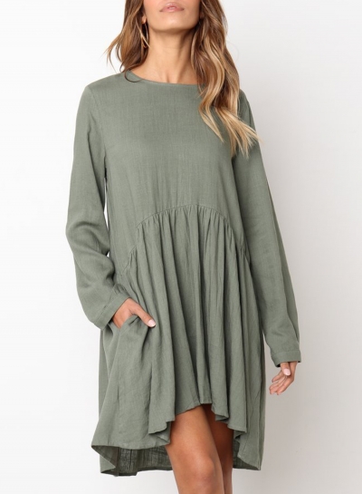 Army green Round Neck Long Sleeve High Low Loose Pleated Mini Dress With Pockets LEXELFASHIONINTSHOPS.com