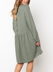Army green Round Neck Long Sleeve High Low Loose Pleated Mini Dress With Pockets