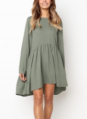 Army green Round Neck Long Sleeve High Low Loose Pleated Mini Dress With Pockets