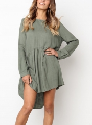 Army green Round Neck Long Sleeve High Low Loose Pleated Mini Dress With Pockets