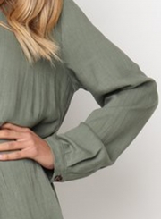 Army green Round Neck Long Sleeve High Low Loose Pleated Mini Dress With Pockets
