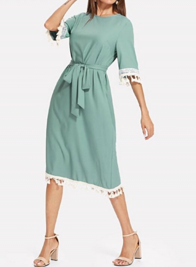 Casual Green Half Sleeve High Waist Belted Dress With Tassel YOUYOUFASHIONEC.com