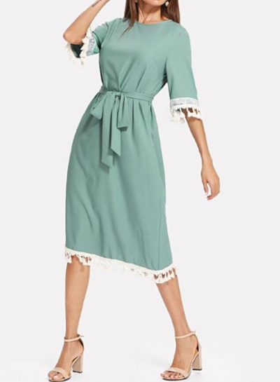 Casual Green Half Sleeve High Waist Belted Dress With Tassel