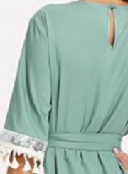 Casual Green Half Sleeve High Waist Belted Dress With Tassel