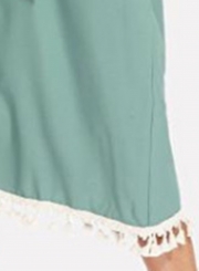 Casual Green Half Sleeve High Waist Belted Dress With Tassel