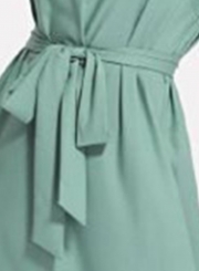 Casual Green Half Sleeve High Waist Belted Dress With Tassel