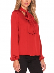 Red Casual V Neck Long Sleeve Bow Tie Pullover Blouse