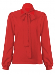 Red Casual V Neck Long Sleeve Bow Tie Pullover Blouse