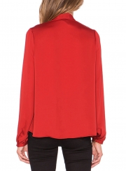 Red Casual V Neck Long Sleeve Bow Tie Pullover Blouse