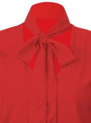 Red Casual V Neck Long Sleeve Bow Tie Pullover Blouse