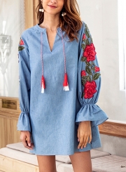 Blue Casual Embroidered V Neck Lantern Sleeve Drawstring Denim Mini Dress