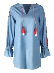 Blue Casual Embroidered V Neck Lantern Sleeve Drawstring Denim Mini Dress