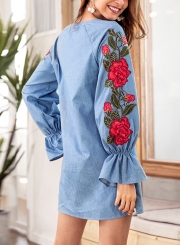 Blue Casual Embroidered V Neck Lantern Sleeve Drawstring Denim Mini Dress