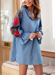 Blue Casual Embroidered V Neck Lantern Sleeve Drawstring Denim Mini Dress