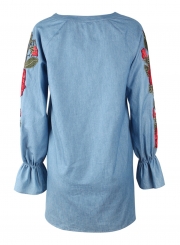 Blue Casual Embroidered V Neck Lantern Sleeve Drawstring Denim Mini Dress