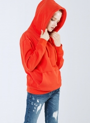 Red Casual Long Sleeve Loose Hoodie With Pockets