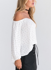 White Summer Off Shoulder Long Sleeve Loose Polka Dot Blouse