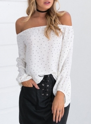 White Summer Off Shoulder Long Sleeve Loose Polka Dot Blouse