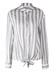 Blue Striped Turn-Down Collar Long Sleeve Bow Tie Loose Button Down Shirt