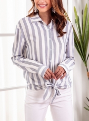 Blue Striped Turn-Down Collar Long Sleeve Bow Tie Loose Button Down Shirt