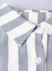 Blue Striped Turn-Down Collar Long Sleeve Bow Tie Loose Button Down Shirt