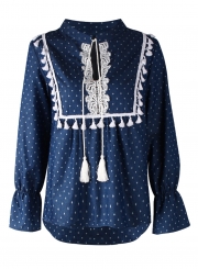 Blue Turn-Down Collar Long Sleeve Loose Lace Polka Dot Blouse