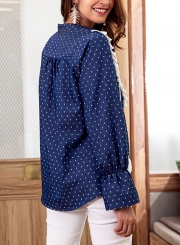 Blue Turn-Down Collar Long Sleeve Loose Lace Polka Dot Blouse