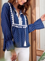 Blue Turn-Down Collar Long Sleeve Loose Lace Polka Dot Blouse