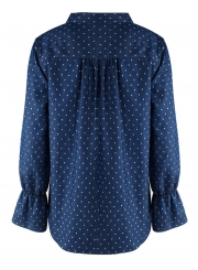 Blue Turn-Down Collar Long Sleeve Loose Lace Polka Dot Blouse